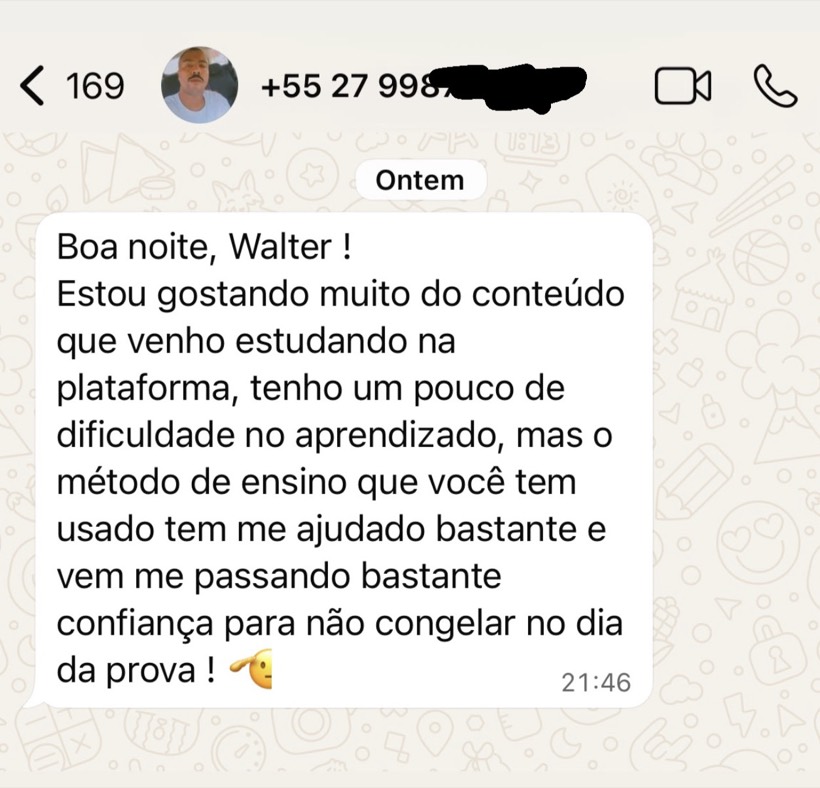 Mensagem de aluno da Turma PMES no WhatsApp