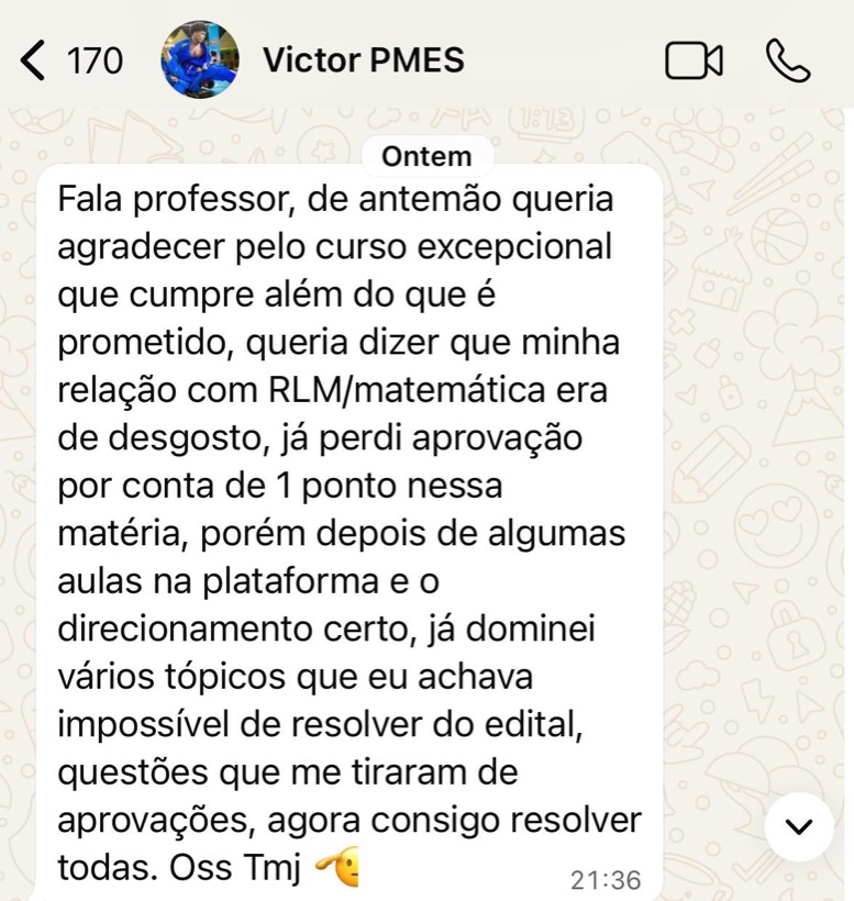 Mensagem de aluno da Turma PMES no WhatsApp