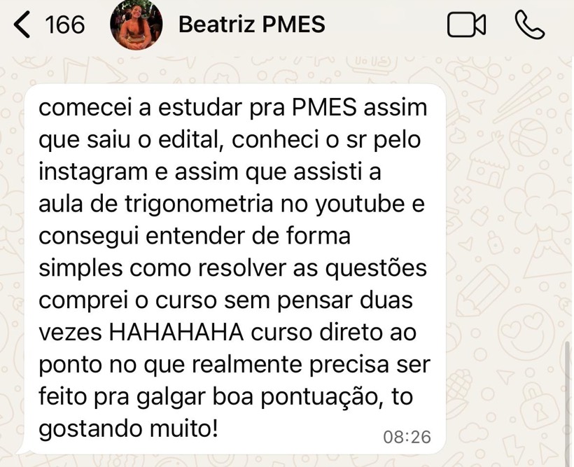 Mensagem de aluno da Turma PMES no WhatsApp
