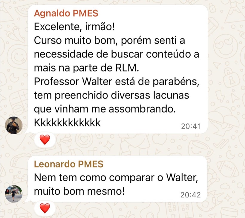 Mensagem de aluno da Turma PMES no WhatsApp
