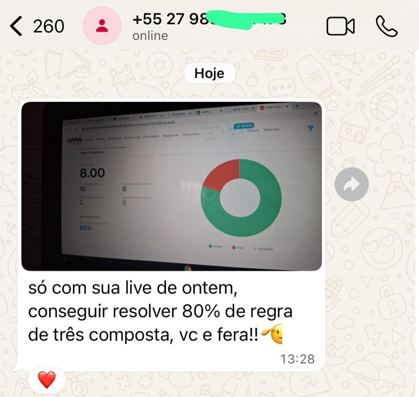 Mensagem de aluno da Turma PMES no WhatsApp